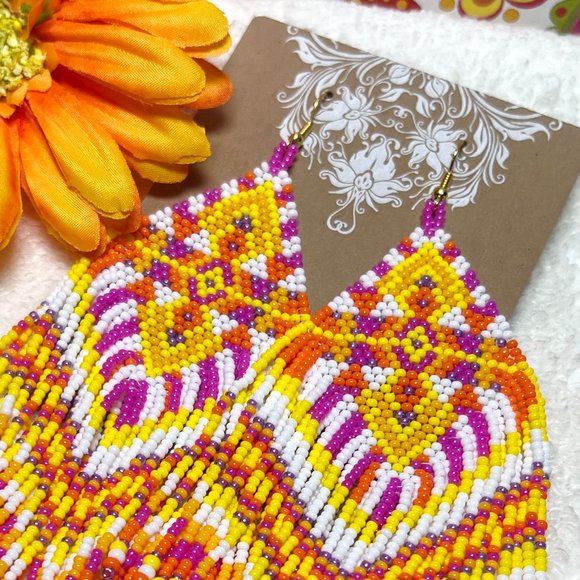 Hand Beaded Long Fringe Earrings Huge Southwest Tribal Ethnic Native Indian NWT - Picture 3 of 6